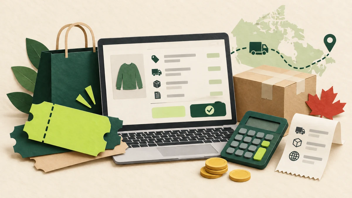 Cut-paper scene of a Canadian online checkout with a parcel, calculator, coupons and delivery route.