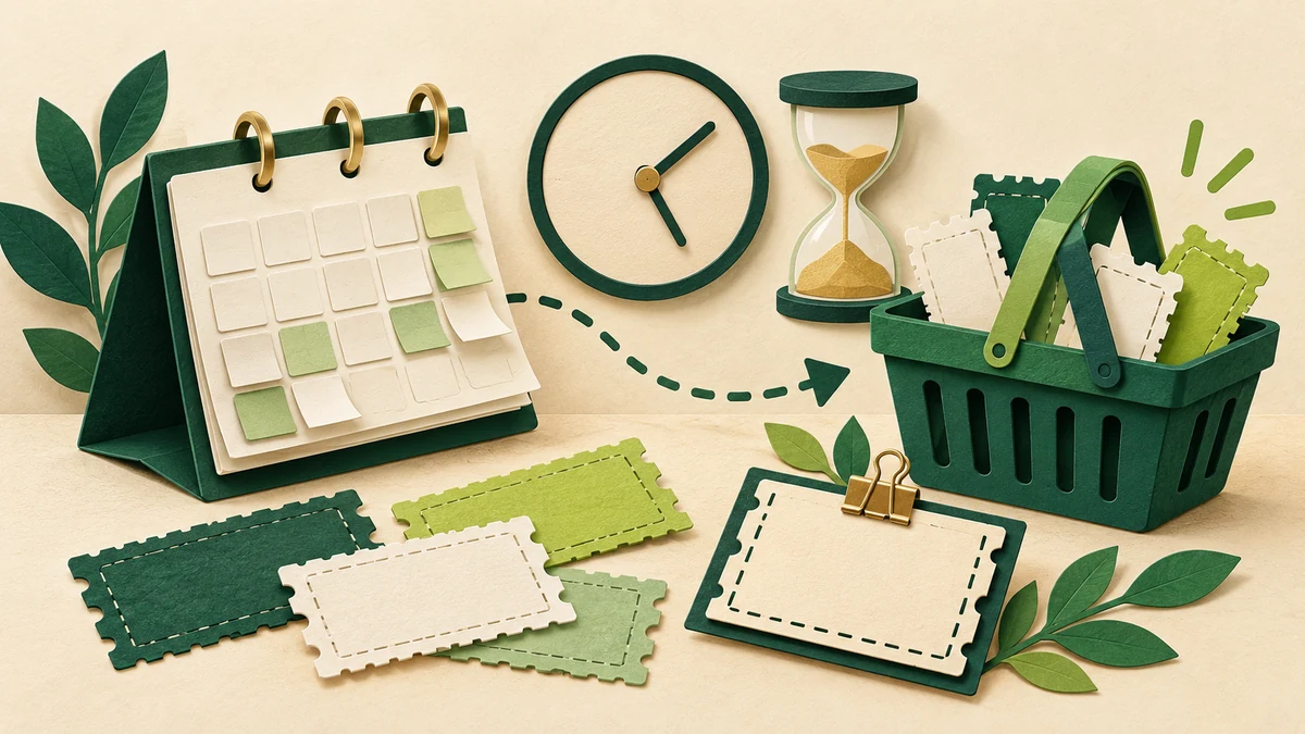 Cut-paper calendar, clock, hourglass, blank coupons and shopping basket illustrating coupon deadlines.