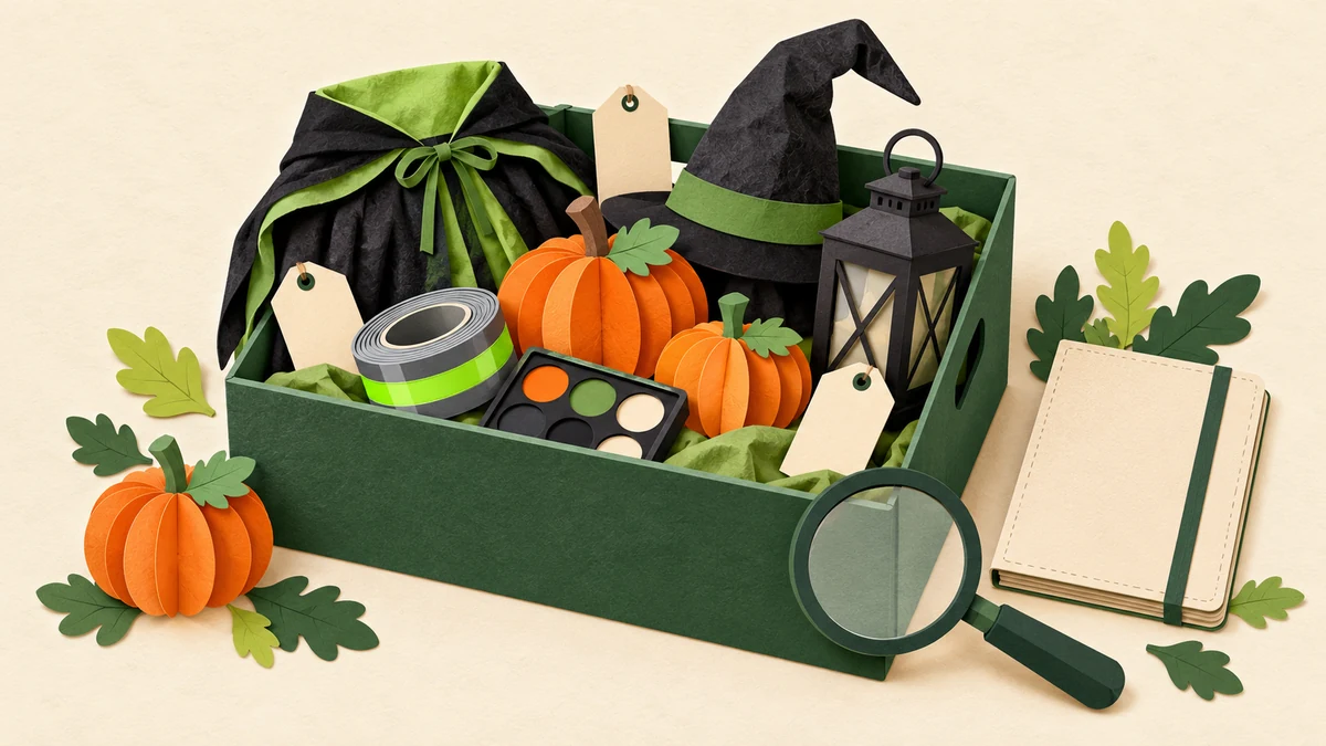 Cut-paper Halloween storage box with costumes, pumpkins, blank price tags, reflective tape and a magnifying glass.