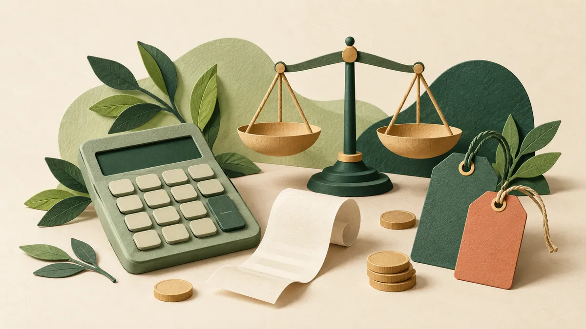 A blank calculator, price tags, receipt and balance scale made from layered paper.