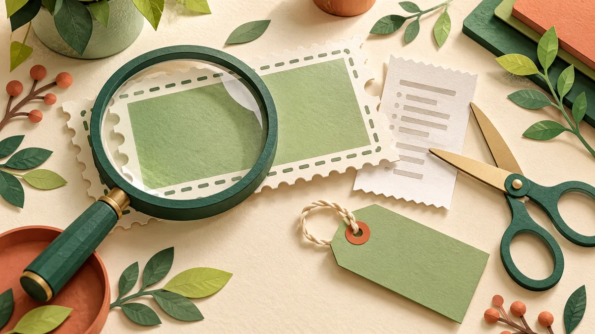 A magnifying glass, perforated coupons, receipt and scissors arranged in layered green paper.