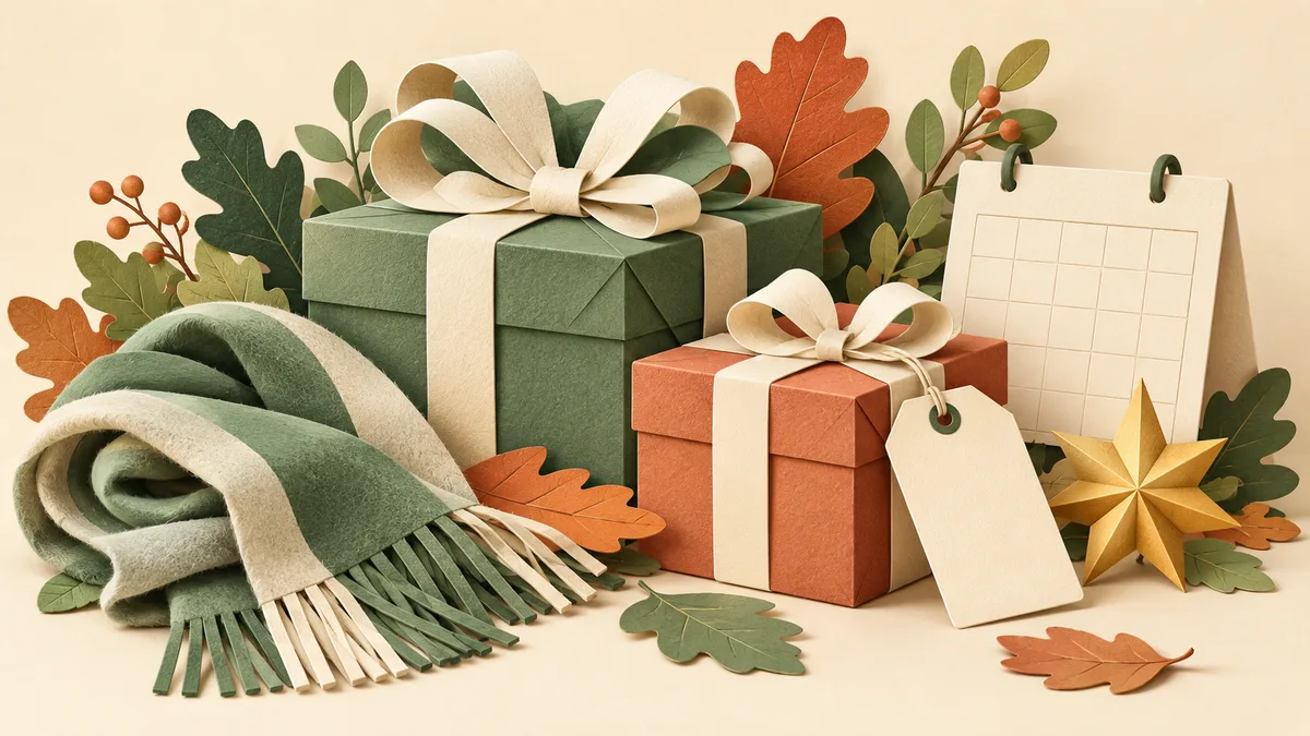 Paper illustration of wrapped gifts, a scarf, autumn leaves, a star and a blank calendar.