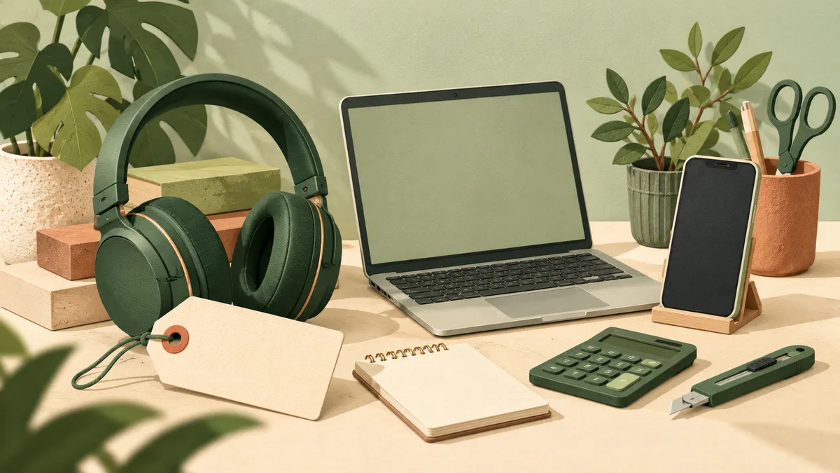 Paper illustration of green headphones, a laptop and phone beside a blank savings tag.